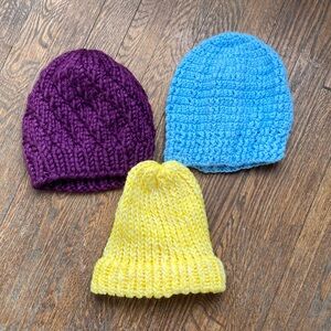Cozy Kids Knit Beanie Set - Purple, Blue, Yellow